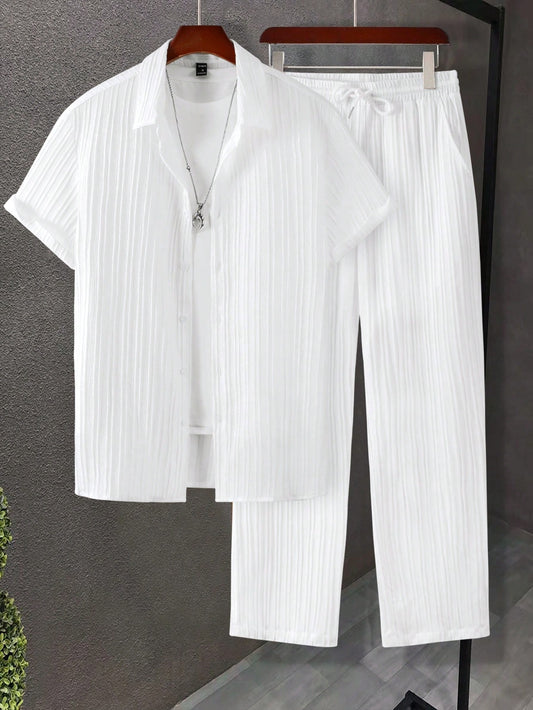 Manfinity Hypemode Men Solid Button up Shirt & Drawstring Waist Pants without Tee